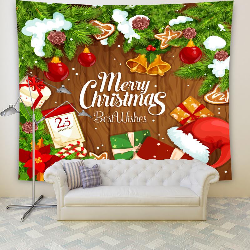 Large Christmas wall tapestry with a festive scene hanging above a sofa - merry christmas on wood