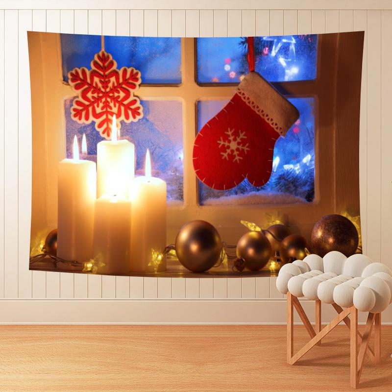 Large Christmas wall tapestry with a festive scene hanging above a sofa - candles with mitten and snowflake