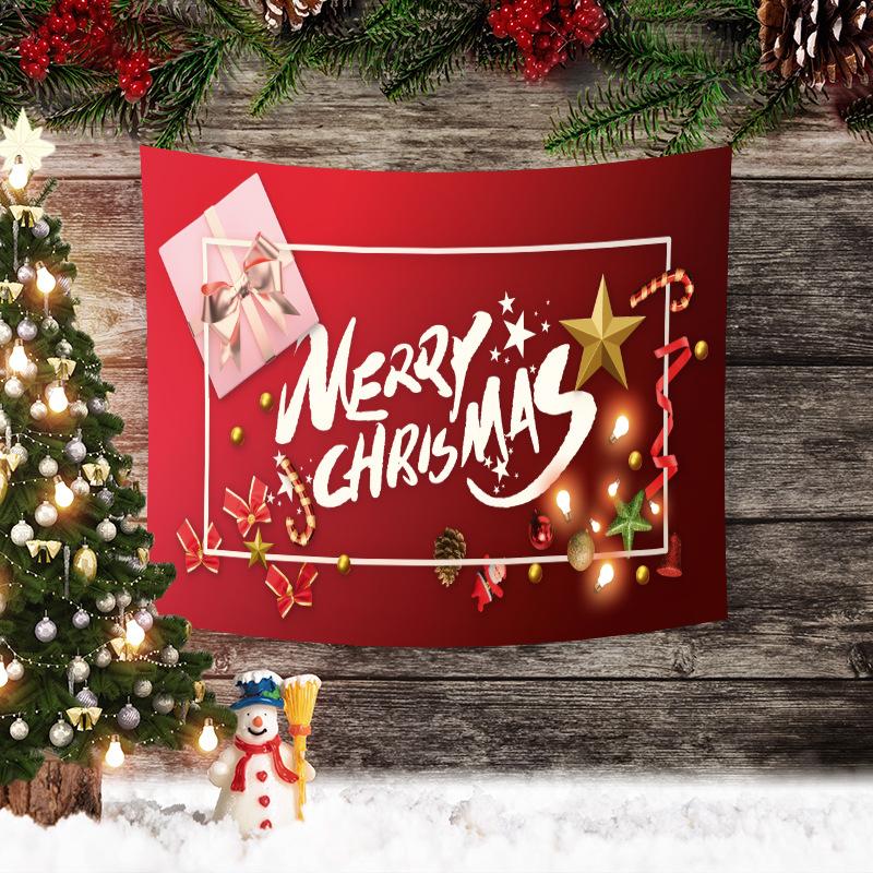 Large Christmas wall tapestry with a festive scene hanging above a sofa - red merry christmas card