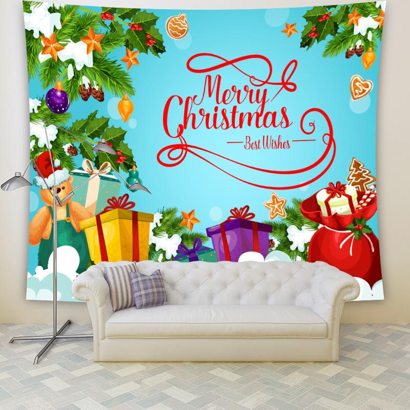 Large Christmas wall tapestry with a festive scene hanging above a sofa - merry christmas on sky blue
