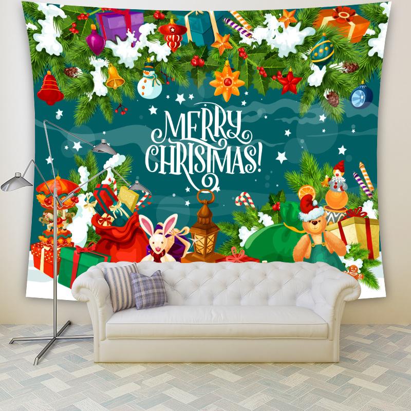Large Christmas wall tapestry with a festive scene hanging above a sofa - merry christmas on teal