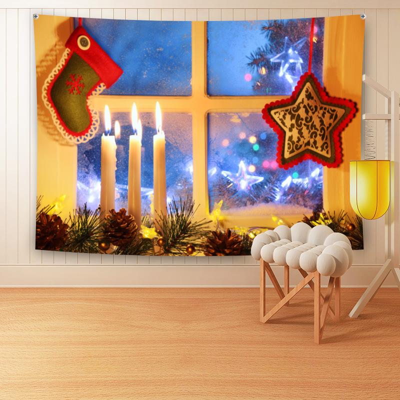 Large Christmas wall tapestry with a festive scene hanging above a sofa - candles and star by the window