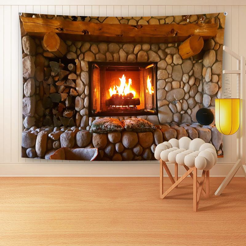 Large Christmas wall tapestry with a festive scene hanging above a sofa - fire in a stone fireplace