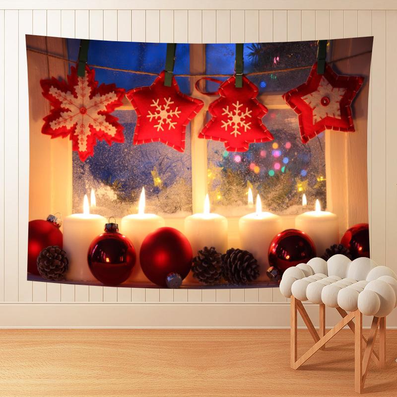 Large Christmas wall tapestry with a festive scene hanging above a sofa - candles with red ornaments