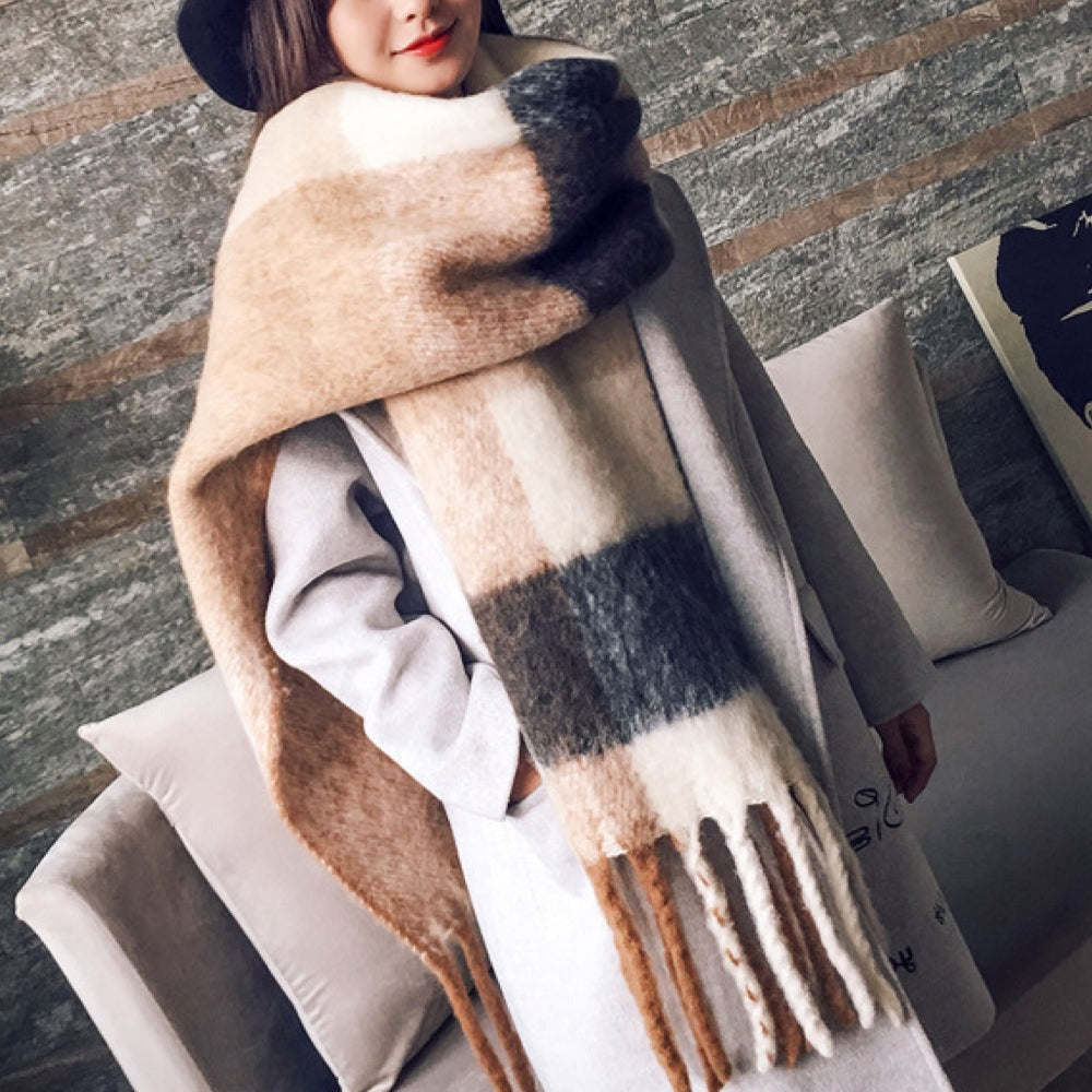 Women's large fluffy colour block scarf with chunky tassels - camel/charcoal