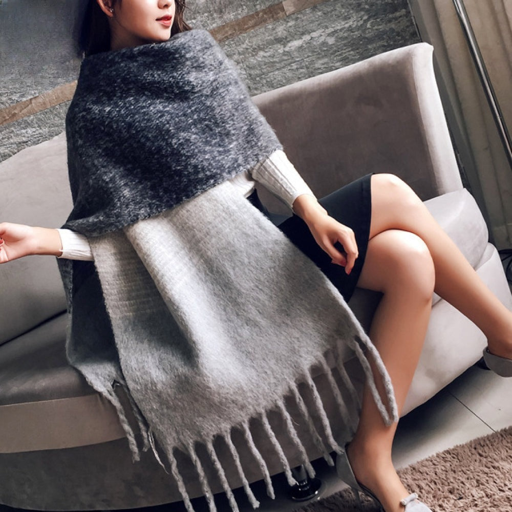 Women's large fluffy colour block scarf with chunky tassels