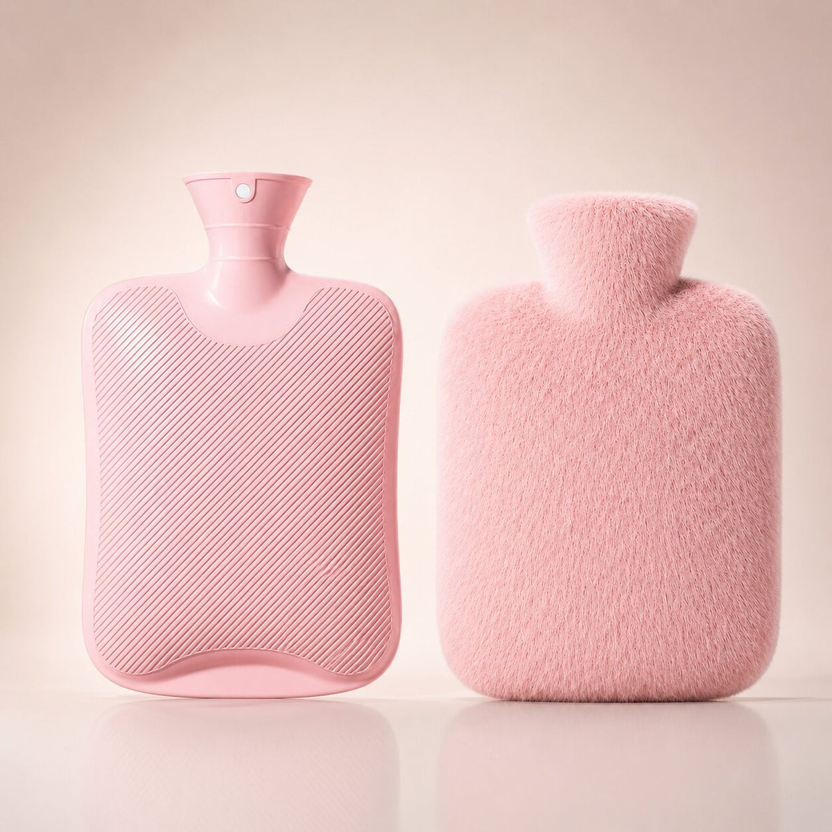 Large 2 litre hot water bottle with a long-pile plush cover - pink