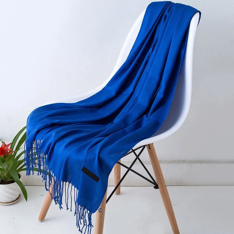Women's large plain scarf in a soft weave with a short fringe - cobalt blue