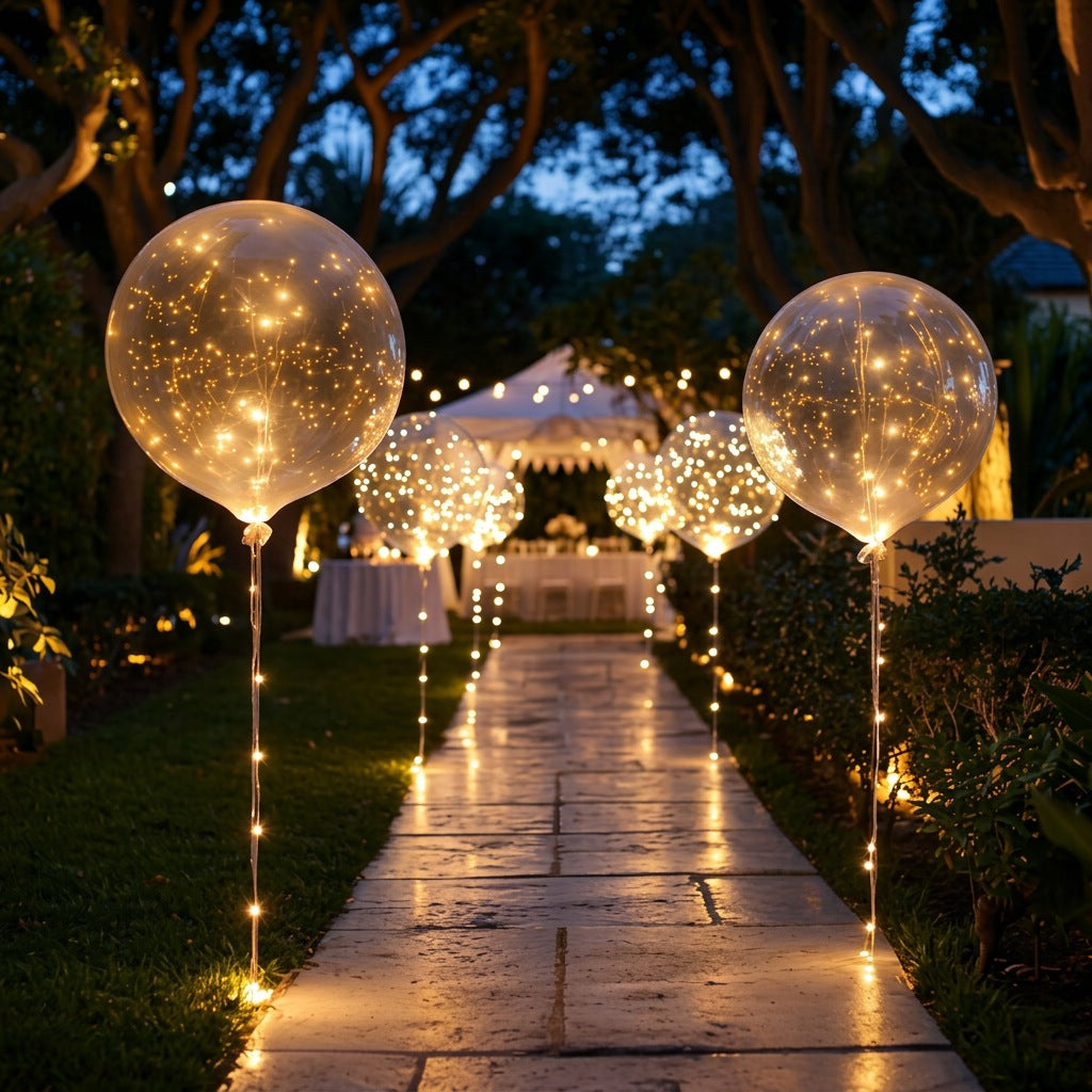 LED balloons with a light string in warm white along a garden path - view 2