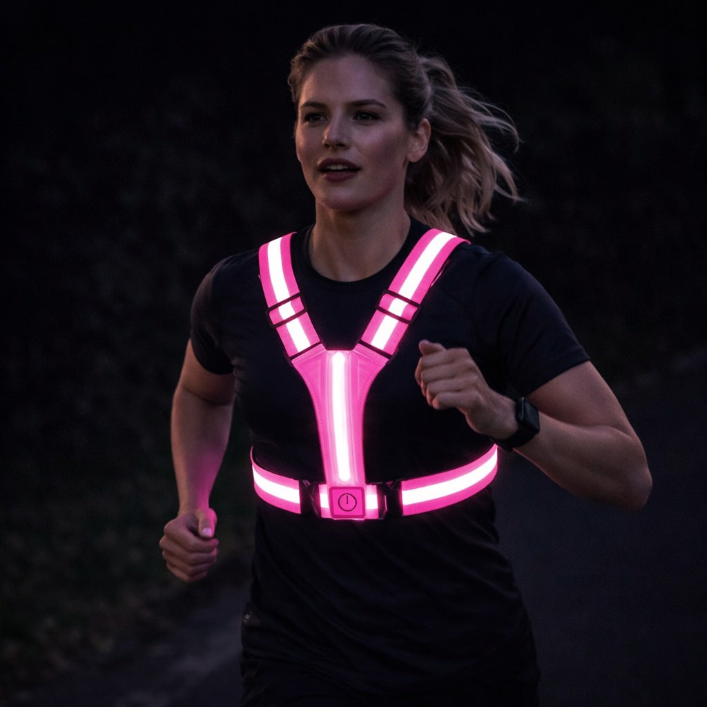 LED running vest with a light strip and reflective bands - pink