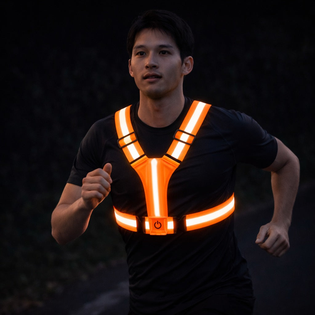 LED running vest with a light strip and reflective bands - orange