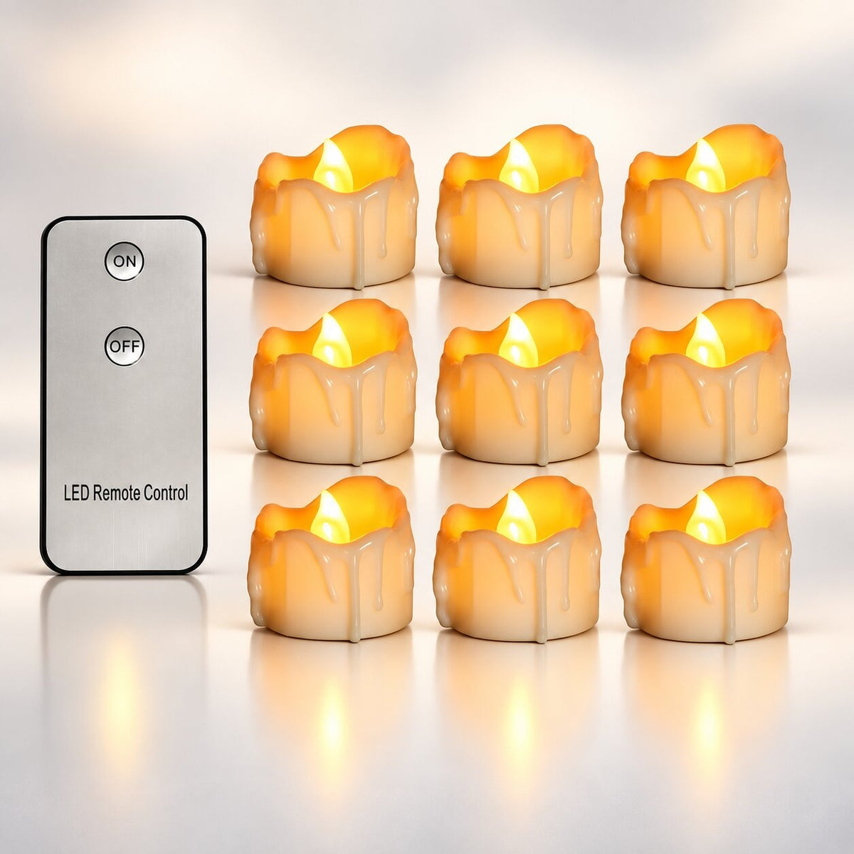 Twelve LED tea lights with a dripping-wax edge and a remote control