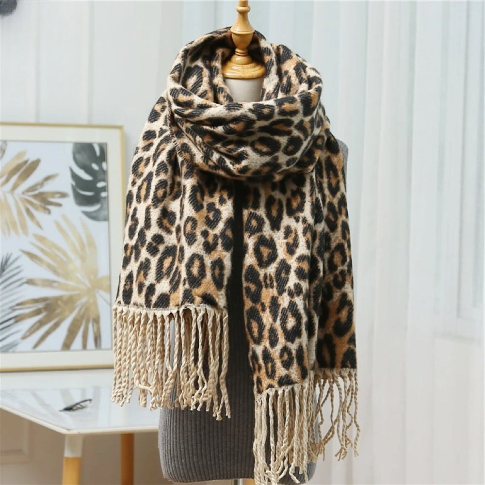 Women's woven leopard print scarf with twisted fringe