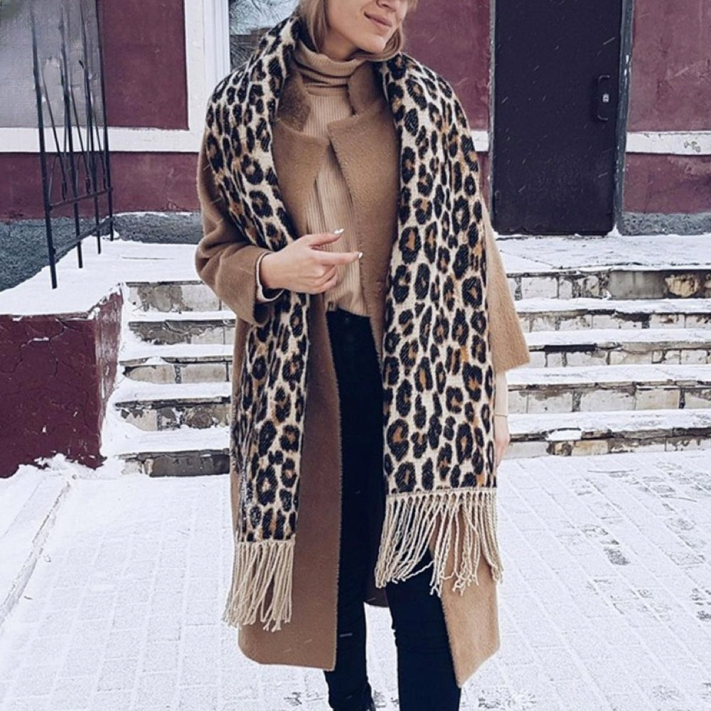 Women's woven leopard print scarf with twisted fringe