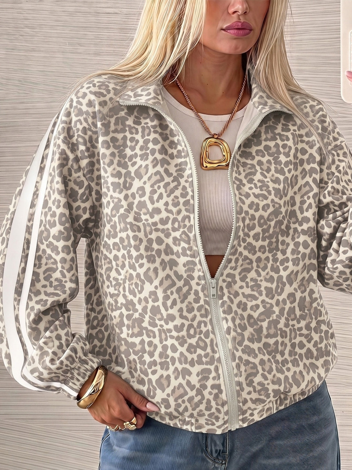 Leopard print track jacket for women with white sleeve stripes and stand collar - white leopard
