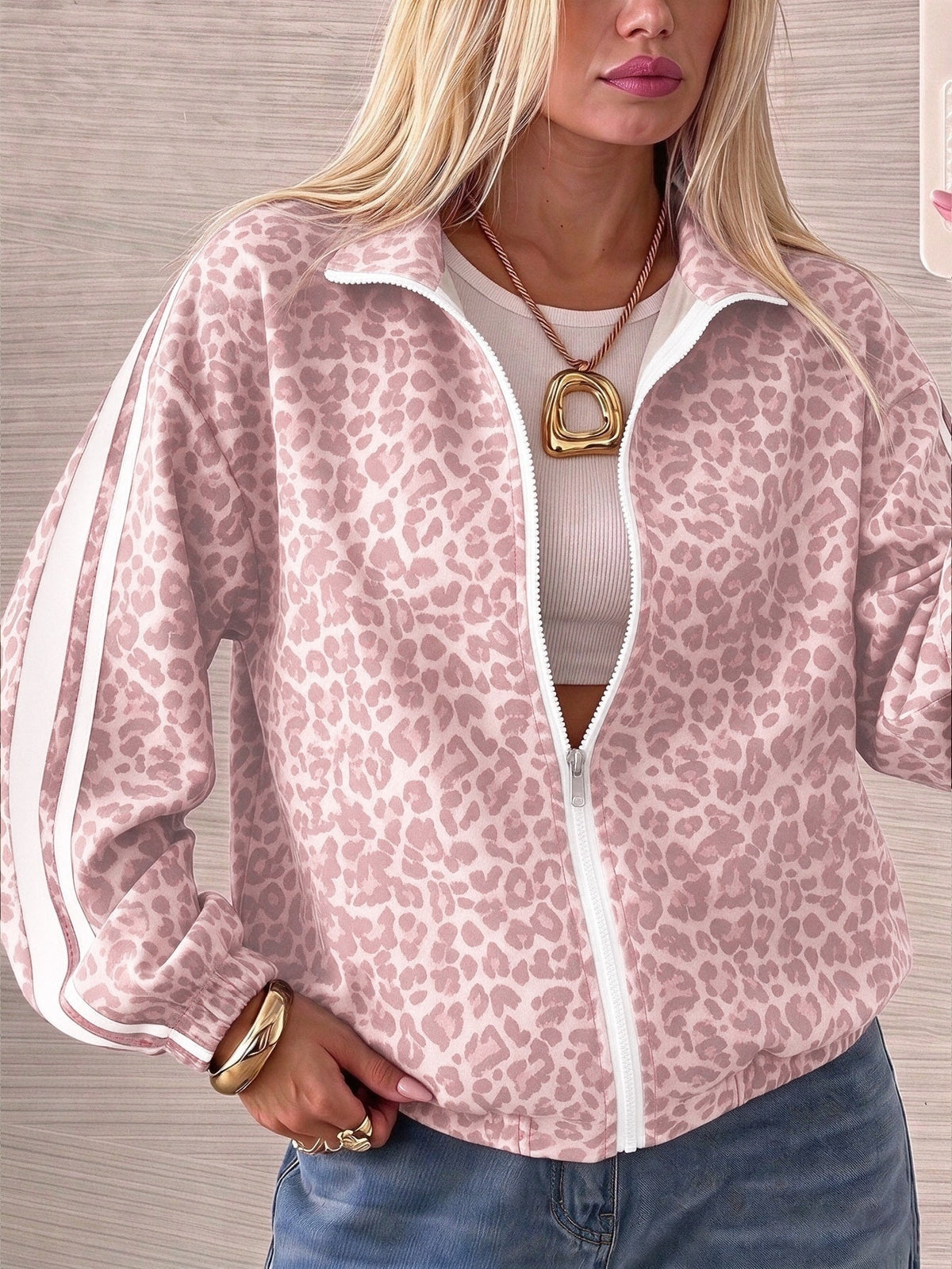 Leopard print track jacket for women with white sleeve stripes and stand collar - pink leopard