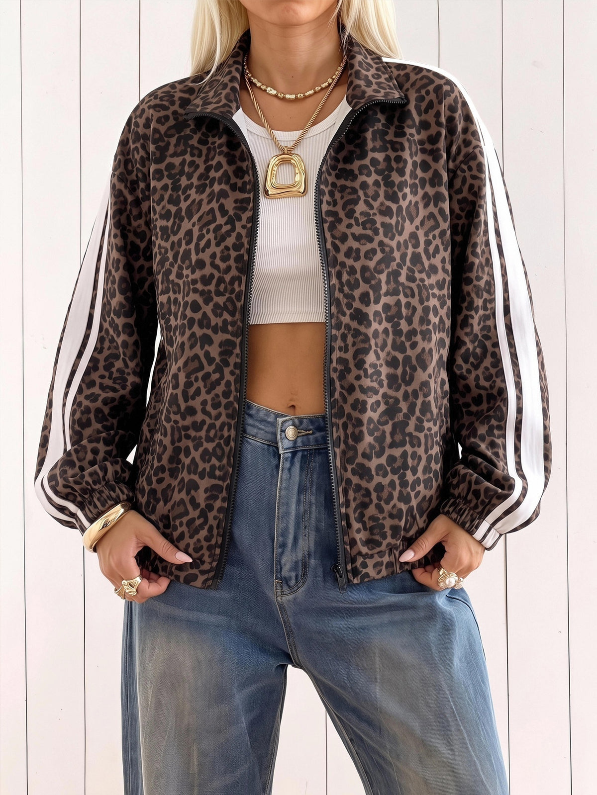 Leopard print track jacket for women with white sleeve stripes and stand collar - view 2