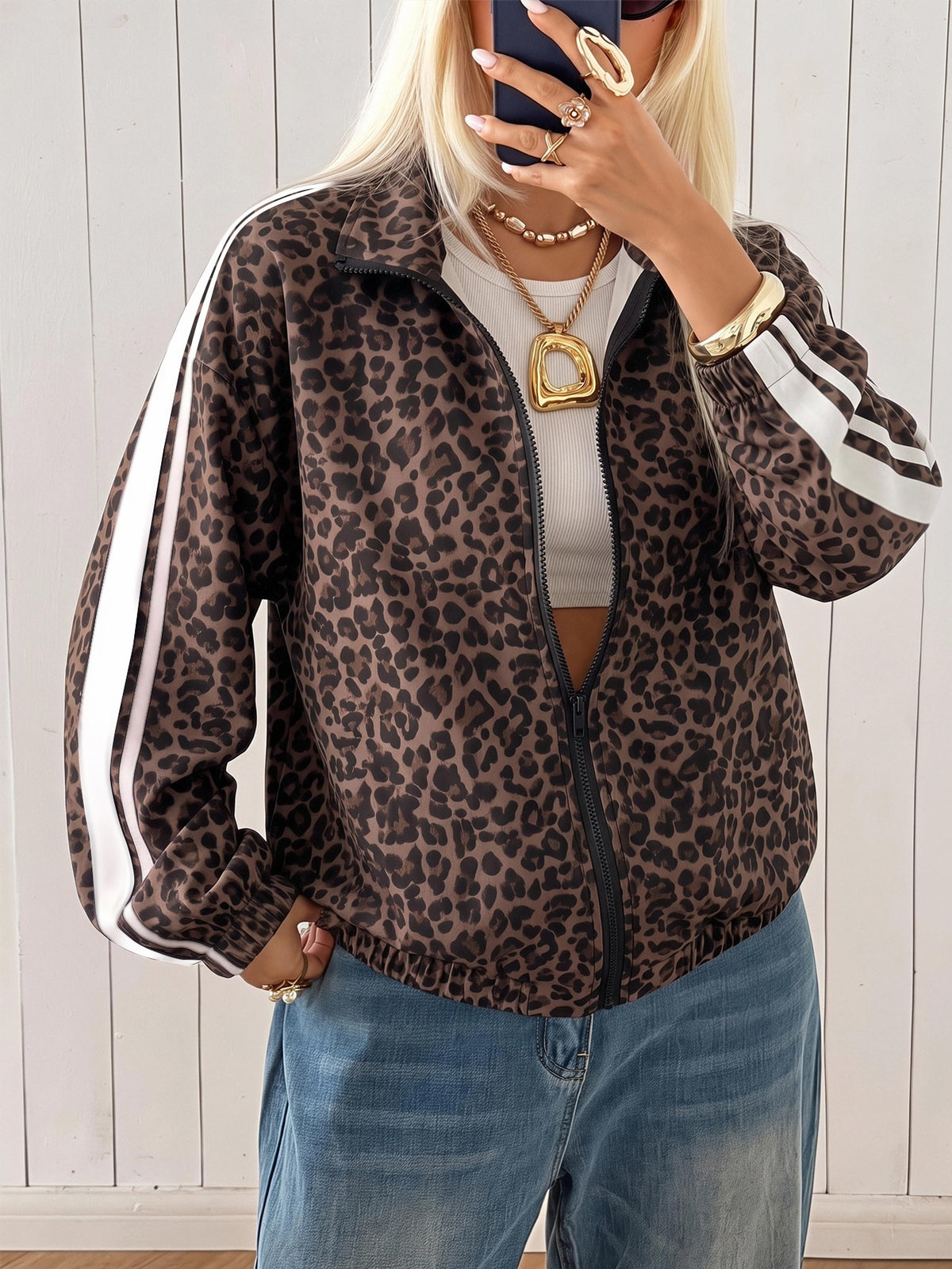 Leopard print track jacket for women with white sleeve stripes and stand collar - view 4