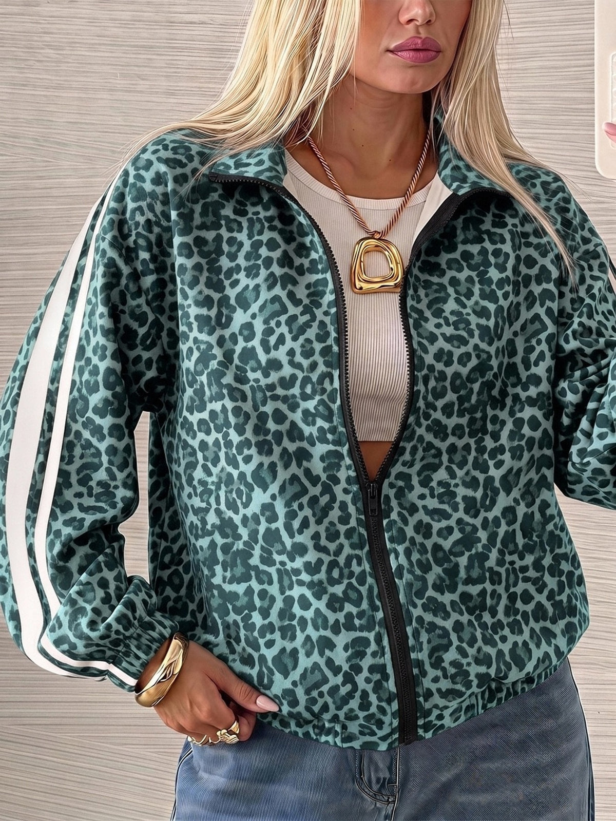 Leopard print track jacket for women with white sleeve stripes and stand collar - green leopard