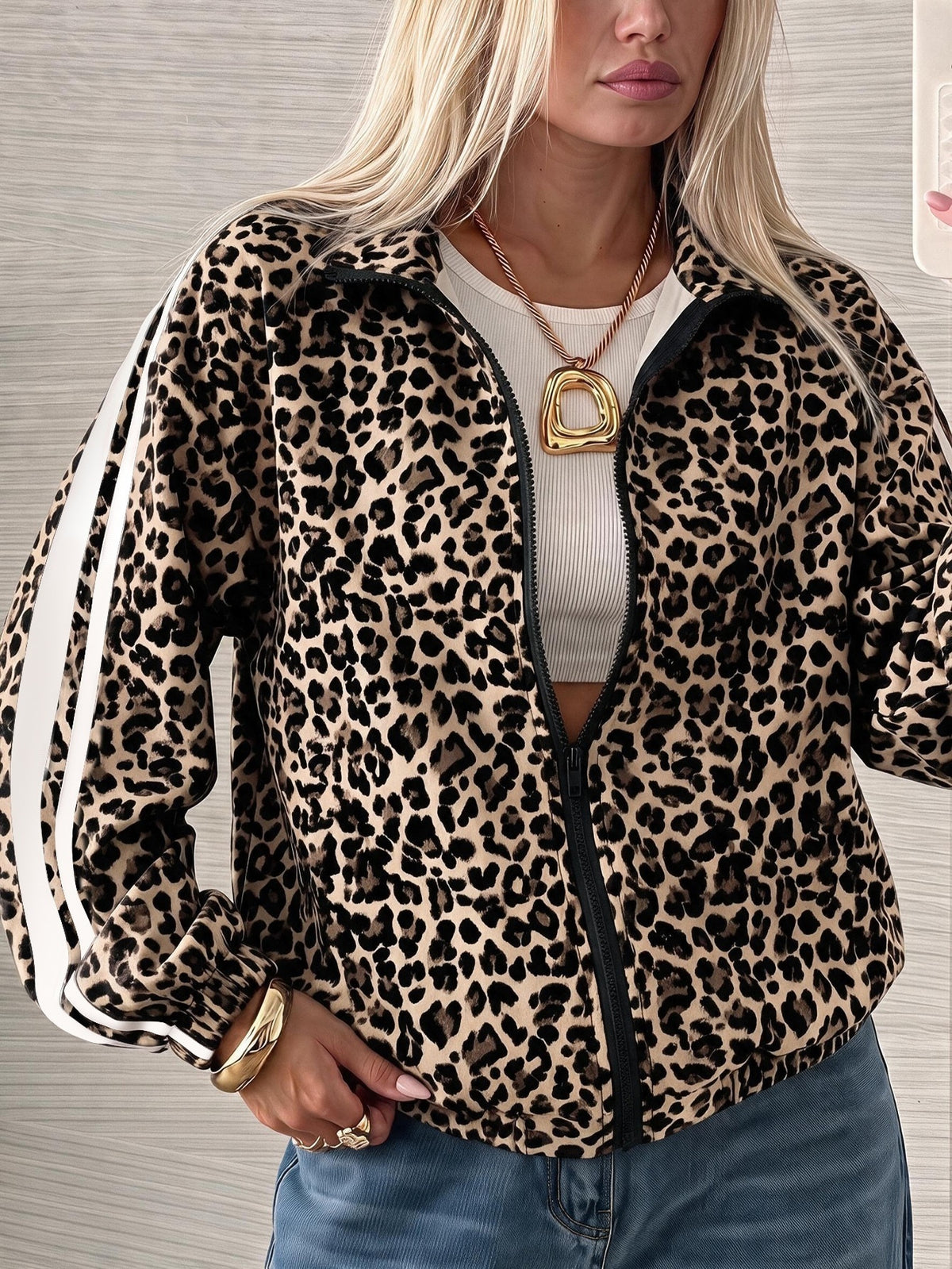 Leopard print track jacket for women with white sleeve stripes and stand collar - beige leopard