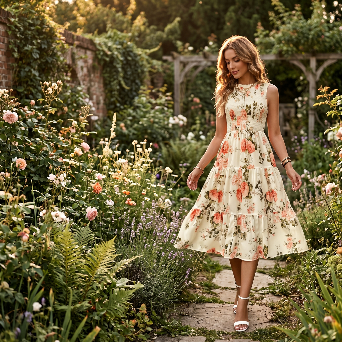 Women's smocked floral midi dress - detail