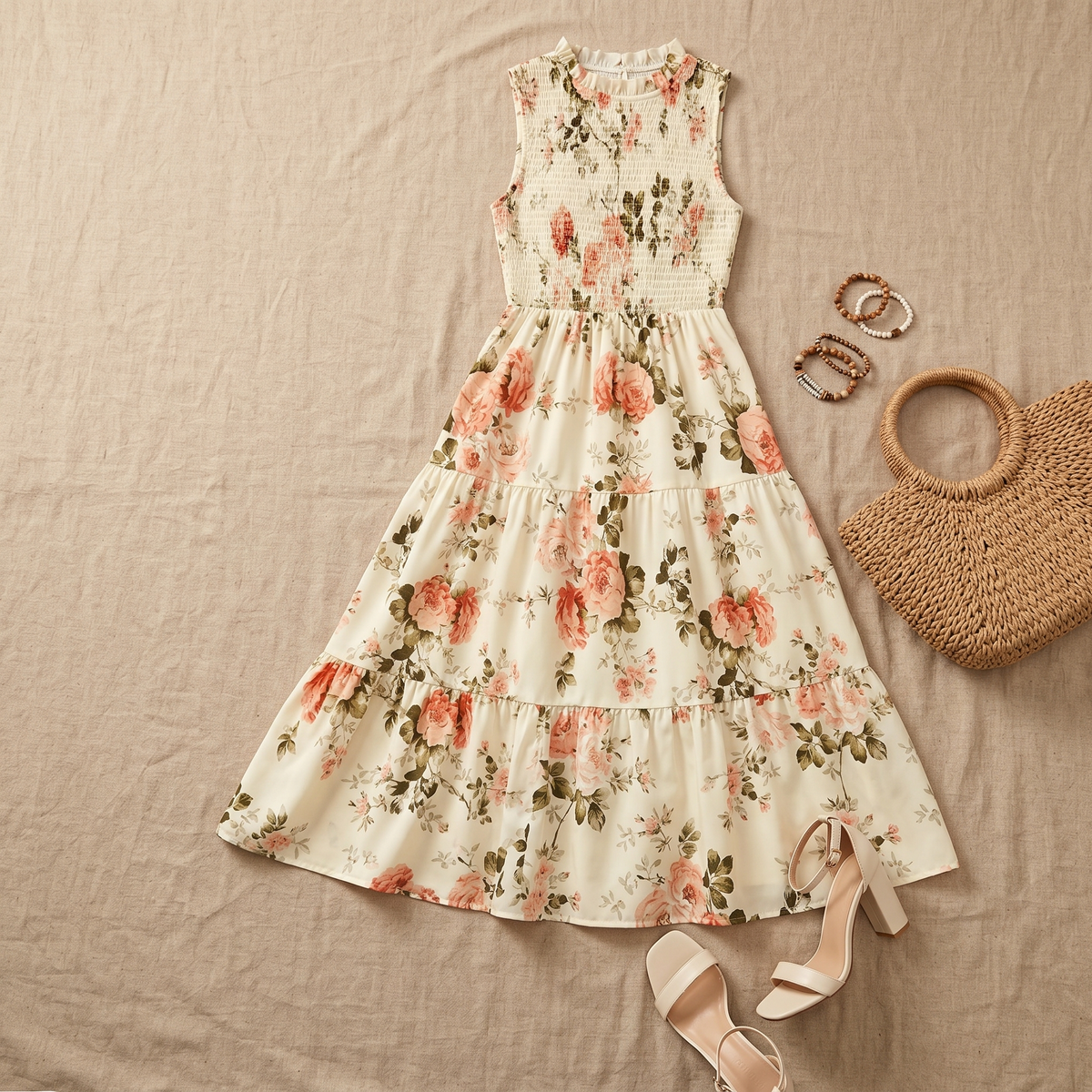 Women's smocked floral midi dress - detail