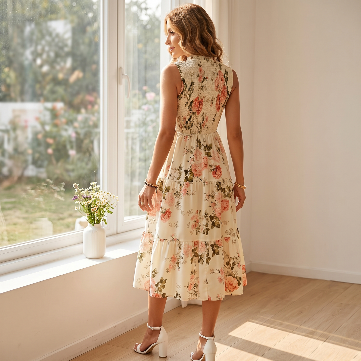 Women's smocked floral midi dress - detail