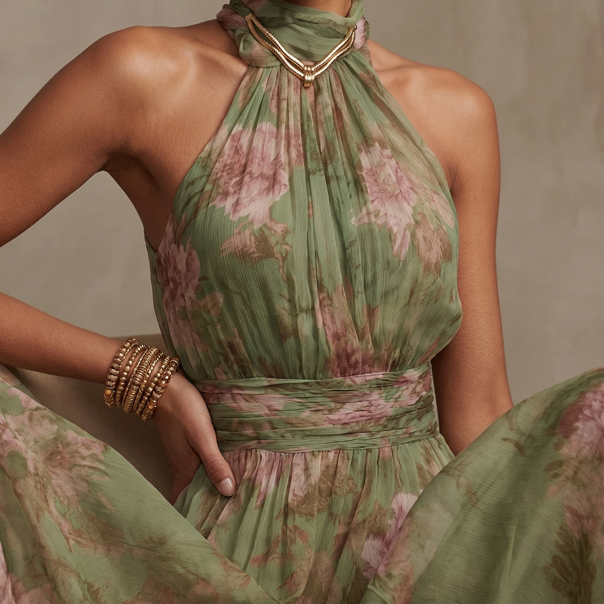 Women's sage floral halter maxi dress - detail