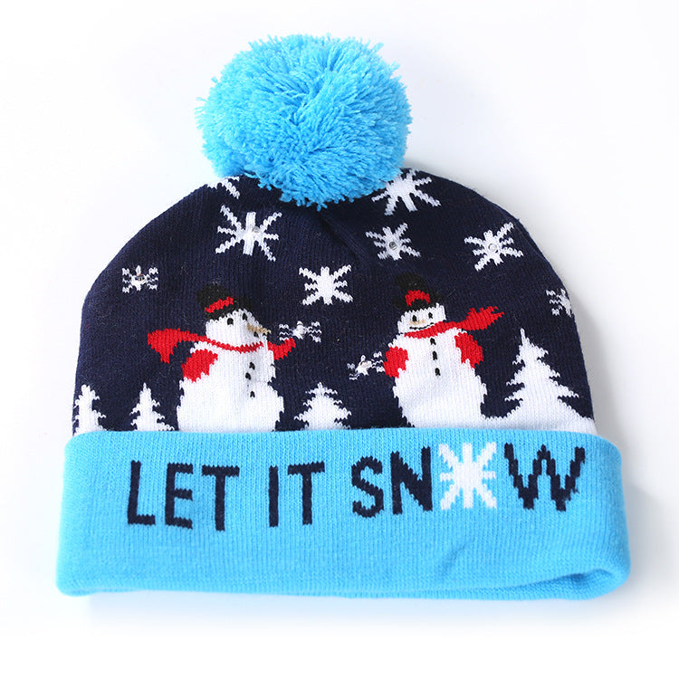 Knitted light-up Christmas beanie with a lettered turn-up and big pompom - navy snowmen