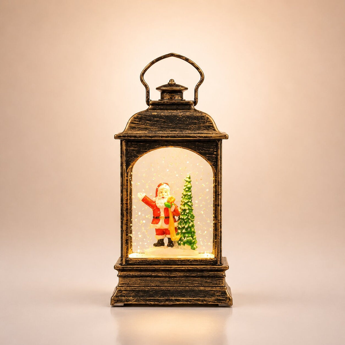 Light-up Christmas lantern with glitter and Santa - bronze lantern with handle