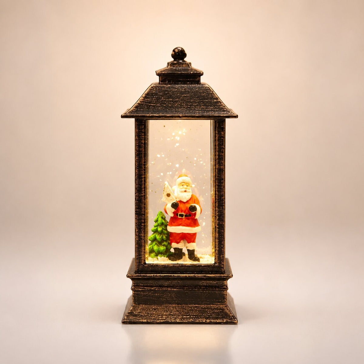 Light-up Christmas lantern with glitter and Santa - tall bronze lantern