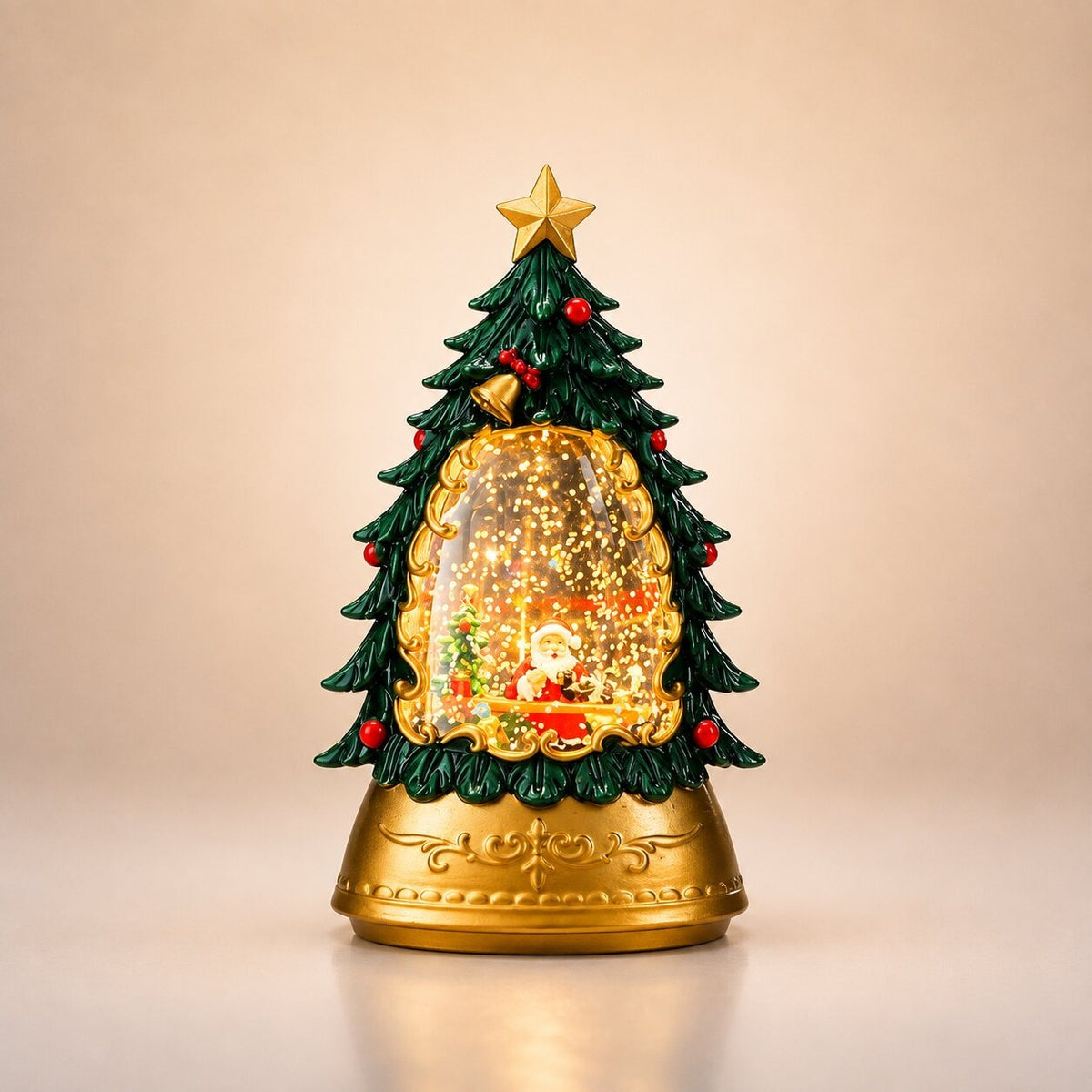 Light-up Christmas lantern with glitter and Santa - green tree with santa