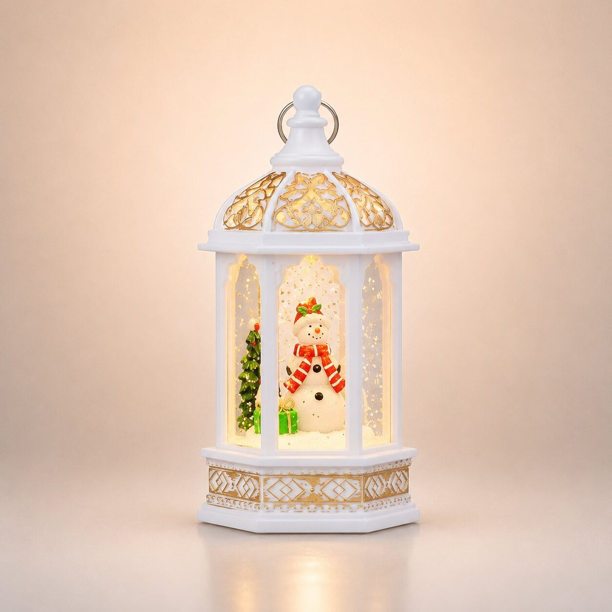 Light-up Christmas lantern with glitter and Santa - white lantern with snowman