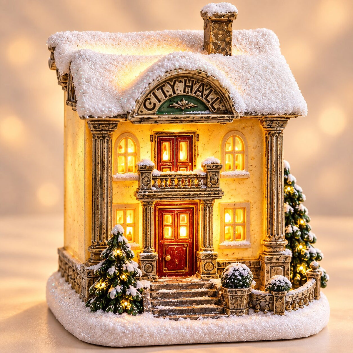 Light-up Christmas house with snow on the roof - town hall