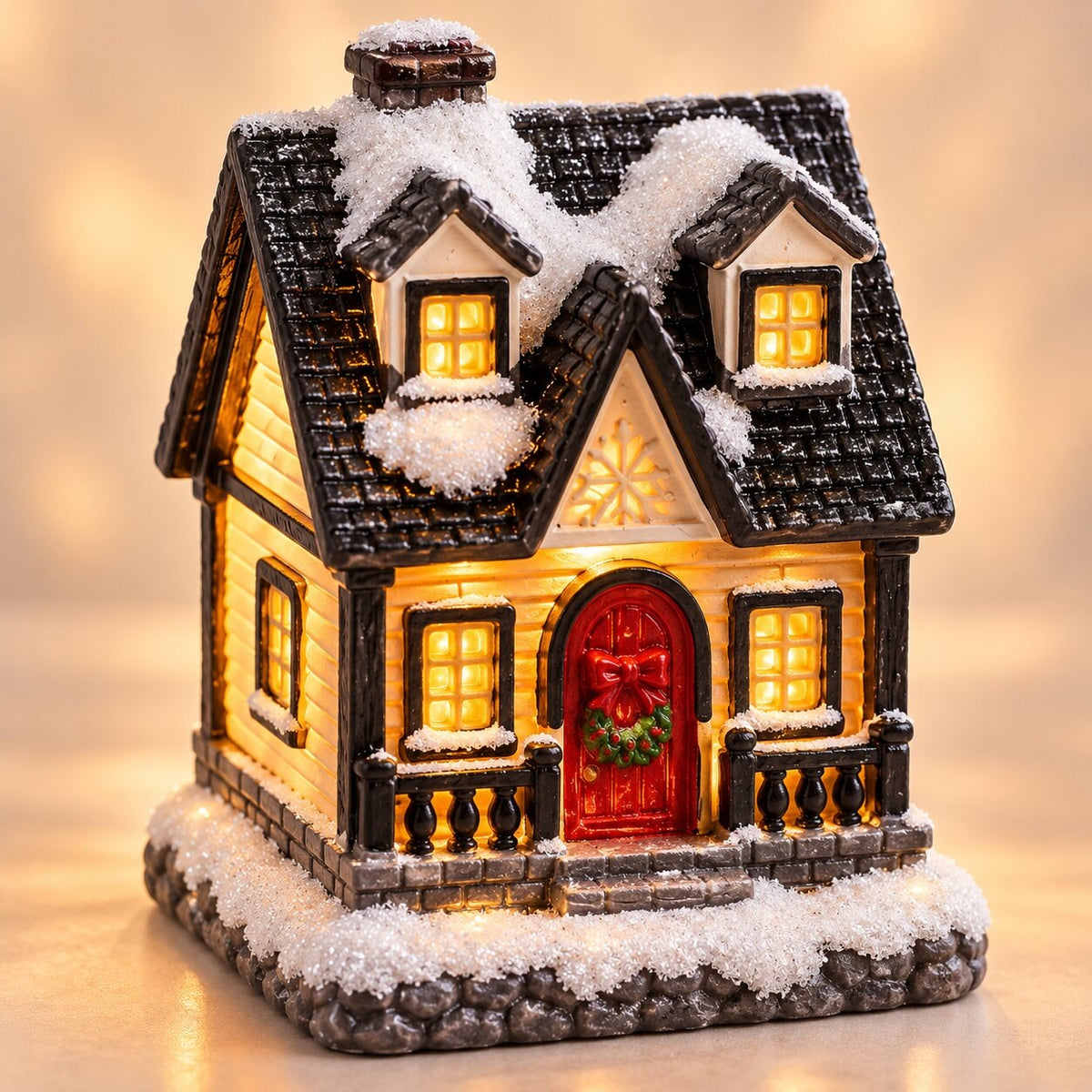 Light-up Christmas house with snow on the roof - house with red door
