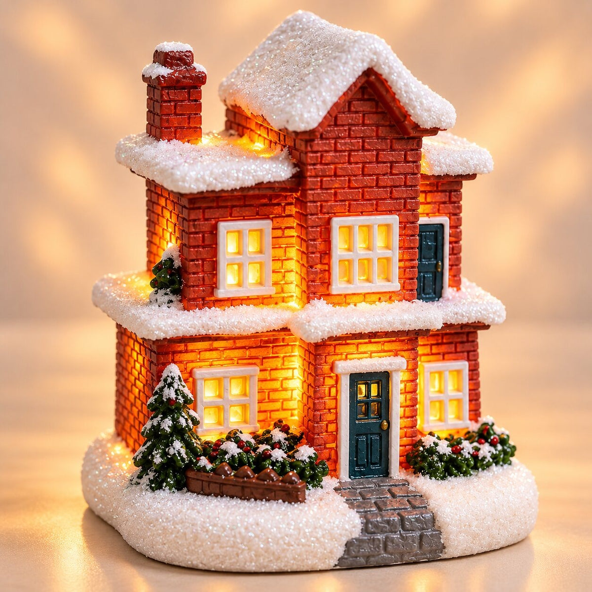 Light-up Christmas house with snow on the roof - red brick house