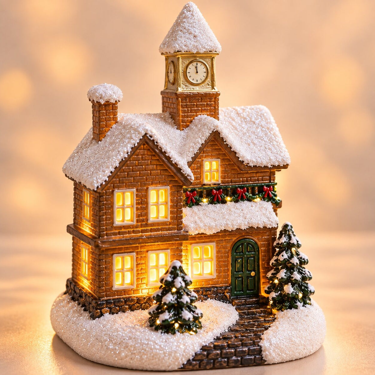 Light-up Christmas house with snow on the roof - clock tower house