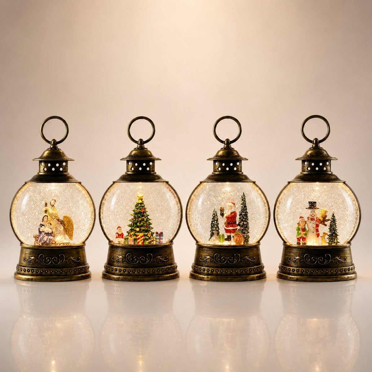 Light-up snow globe lantern in antique bronze with a Christmas scene