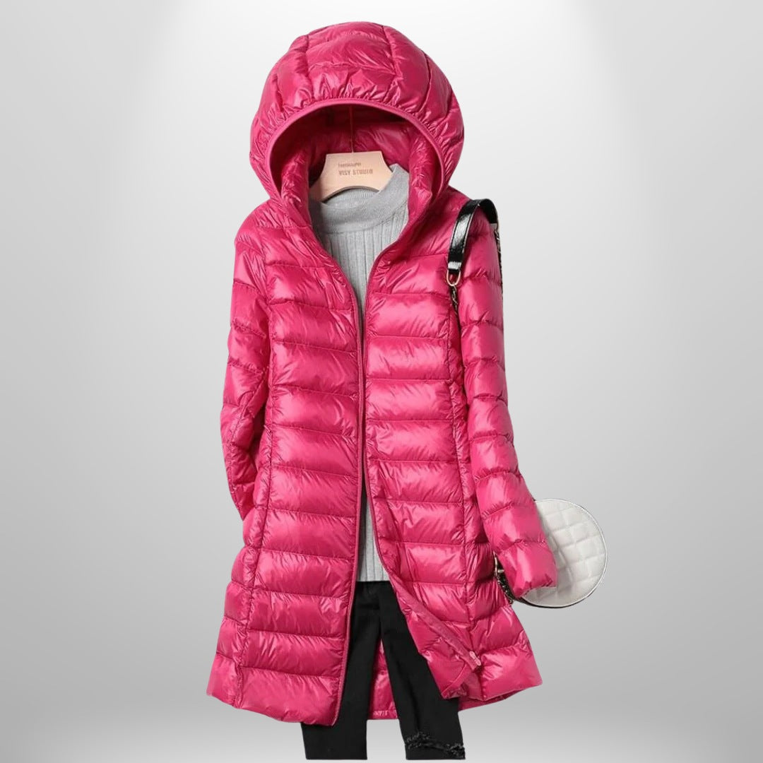 Women's lightweight padded coat with a detachable hood - fuchsia