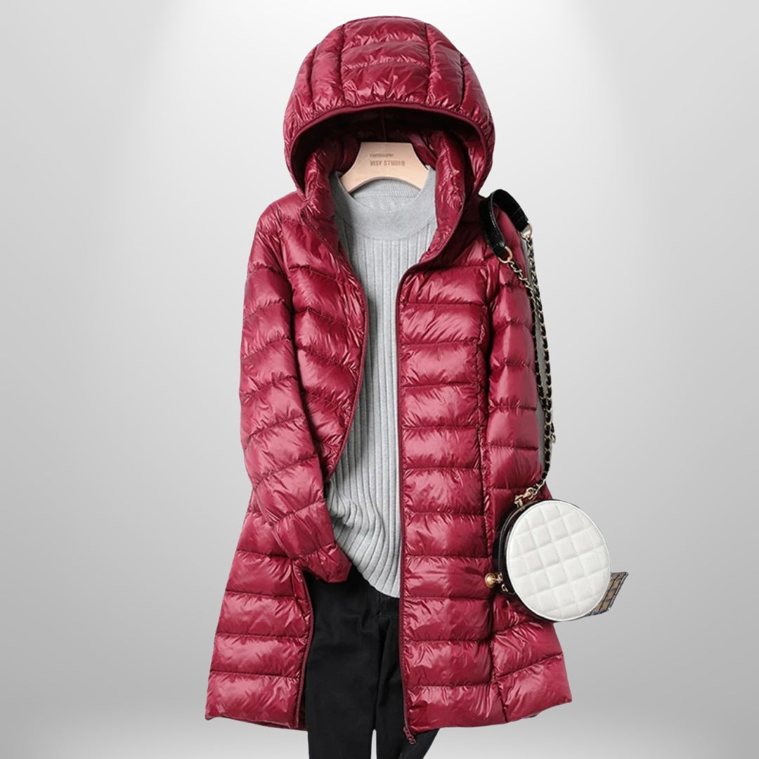 Women's lightweight padded coat with a detachable hood - burgundy