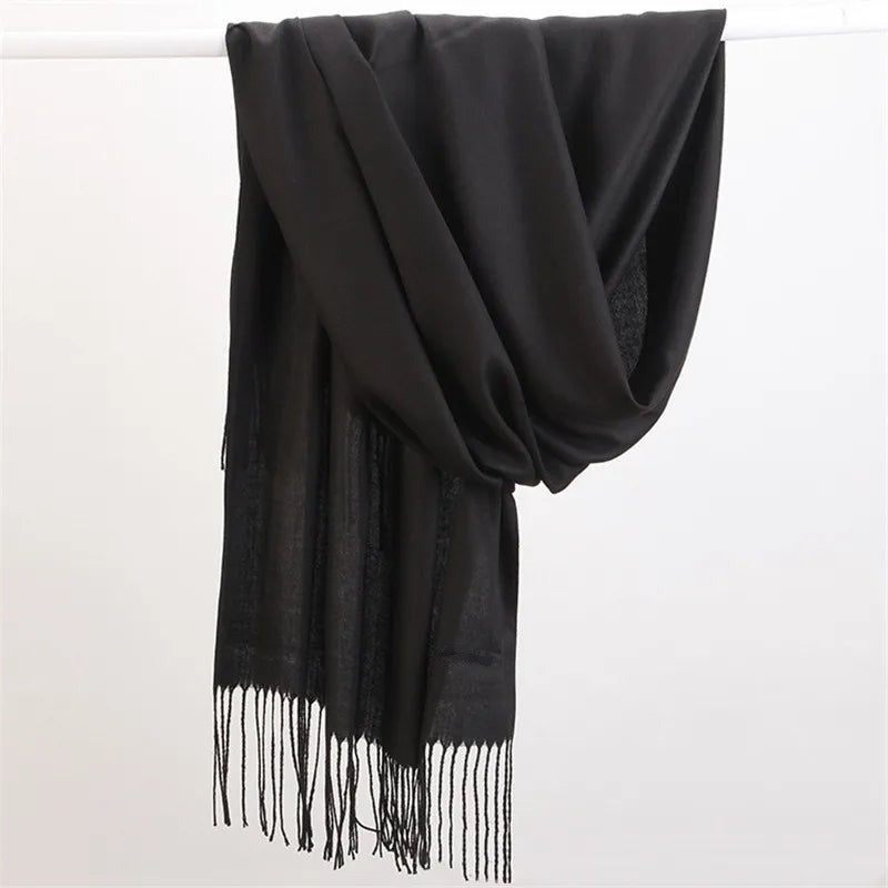 Women's lightweight plain scarf with a short fringe at both ends - black