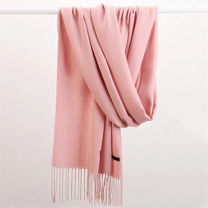 Women's lightweight plain scarf with a short fringe at both ends - dusty pink