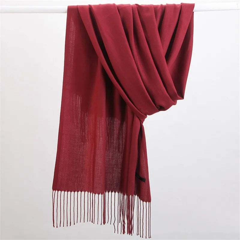 Women's lightweight plain scarf with a short fringe at both ends - burgundy