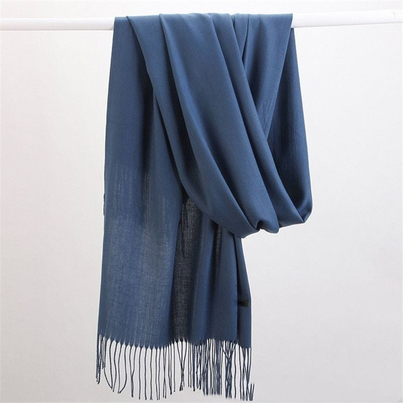 Women's lightweight plain scarf with a short fringe at both ends - steel blue