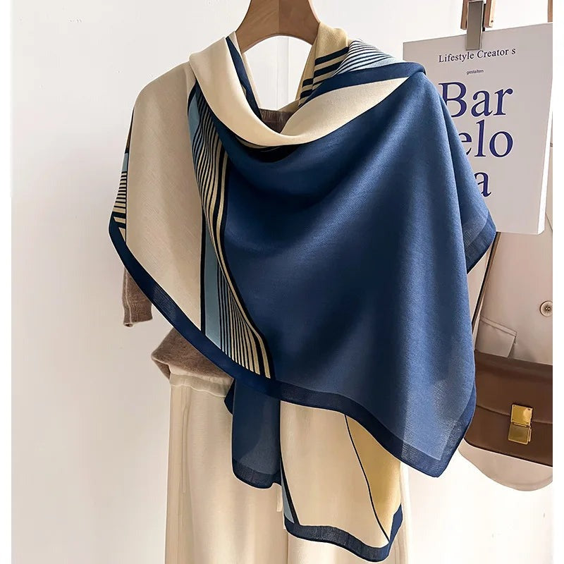 Women's lightweight scarf with a graphic print of blocks and stripes and a narrow contrast border - blue/cream