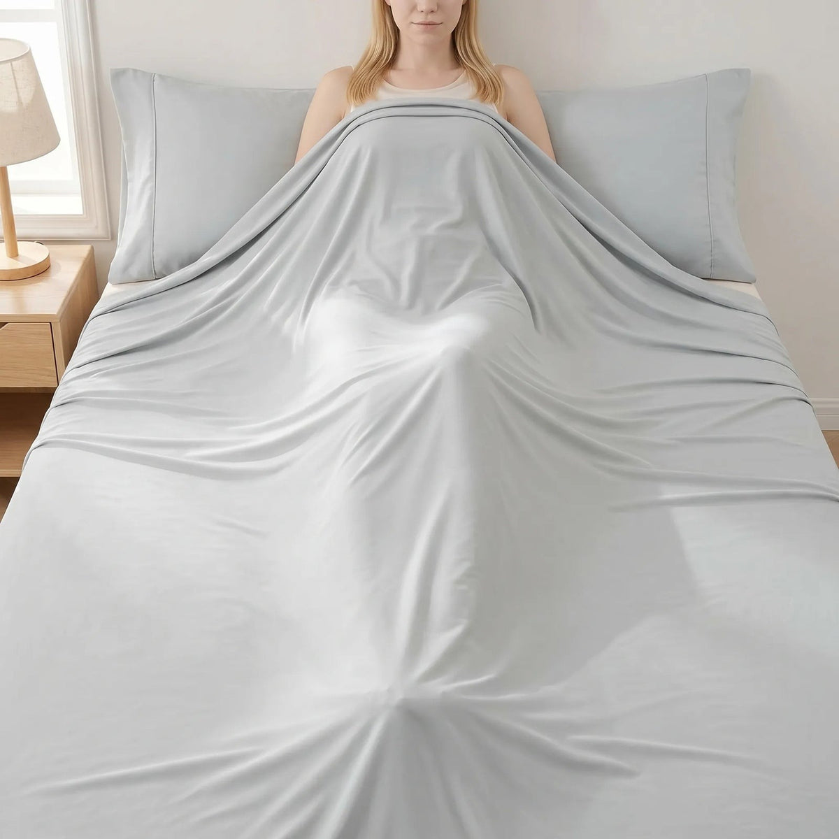 Thin smooth summer blanket over a sleeping woman in bed
