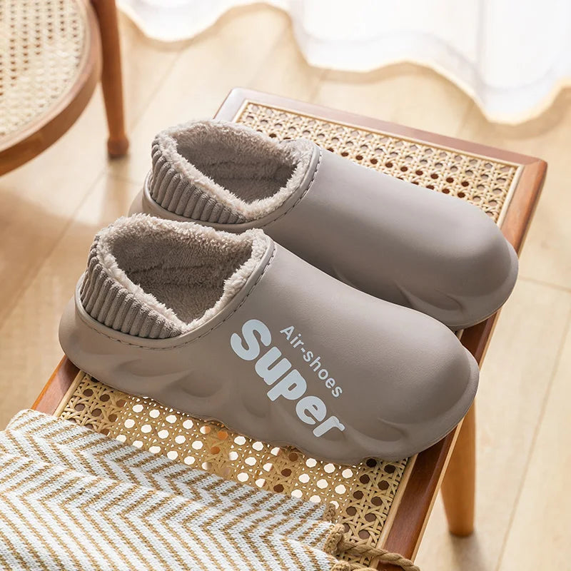 Lined EVA slippers with a big letter print, ribbed collar and plush lining - taupe