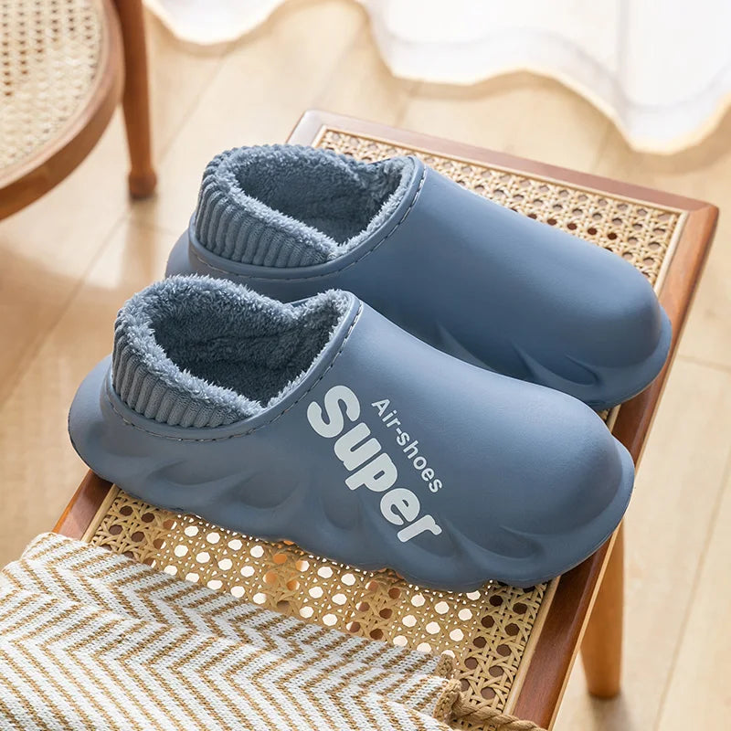 Lined EVA slippers with a big letter print, ribbed collar and plush lining - blue grey