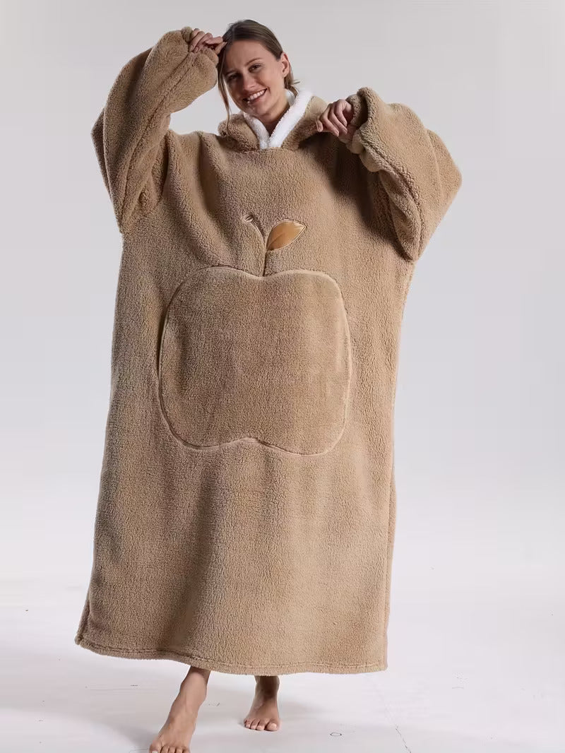 Extra long blanket hoodie with an apple-shaped pocket - camel, front