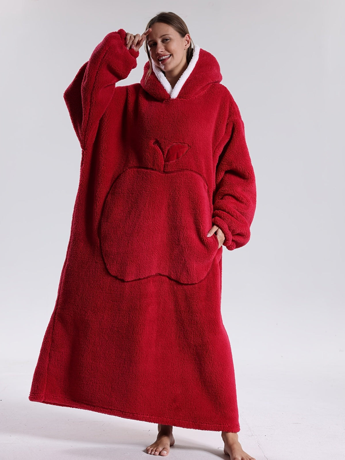 Extra long blanket hoodie with an apple-shaped pocket - red, front